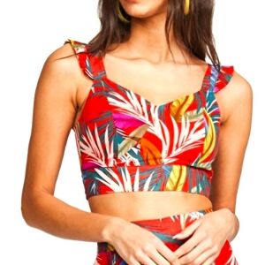 Red Carter Sleeveless Ruffled Crop Tank Top, XSMALL